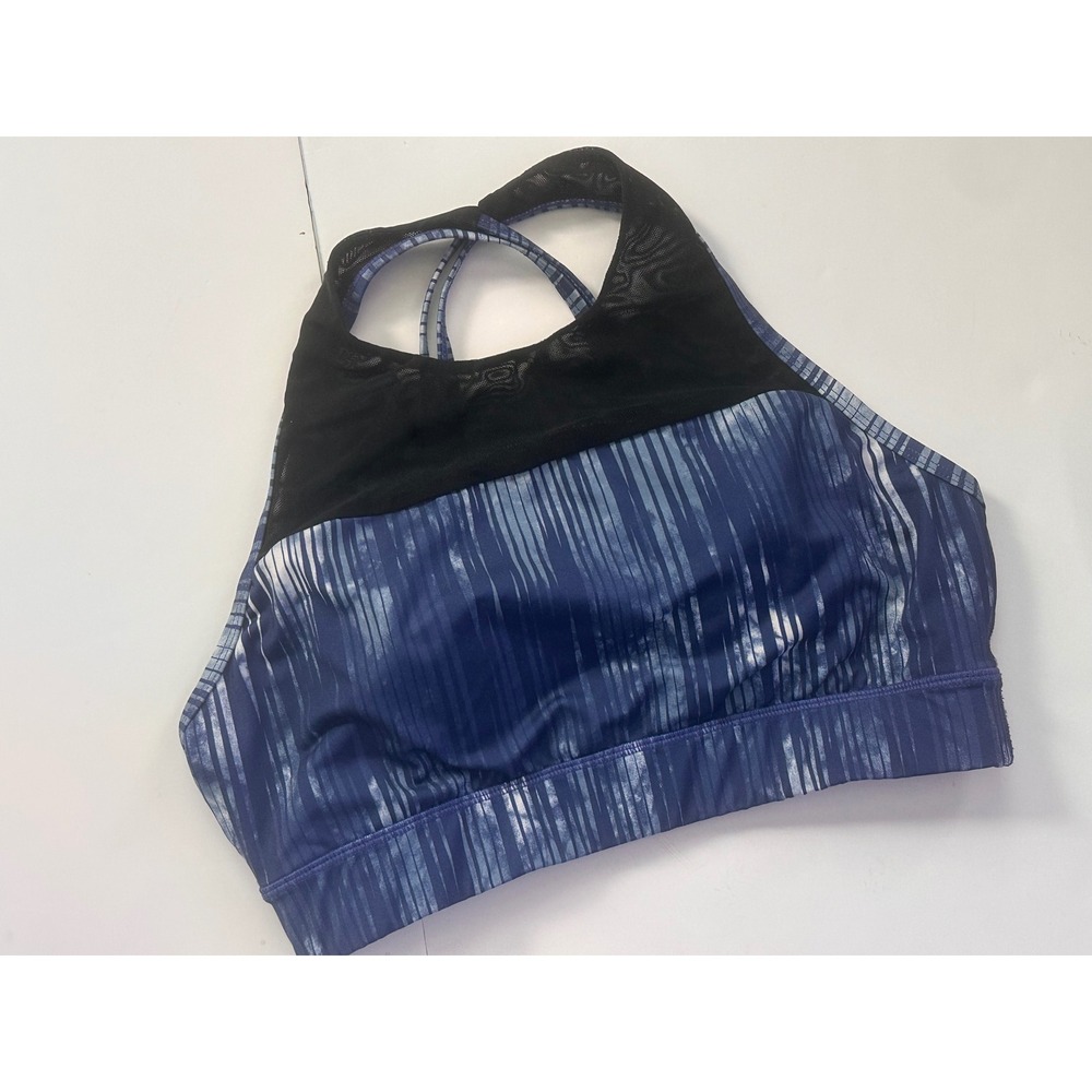 Asics Womens High Neck Sports Bra Blue White Striped Mesh Strappy Back Workout